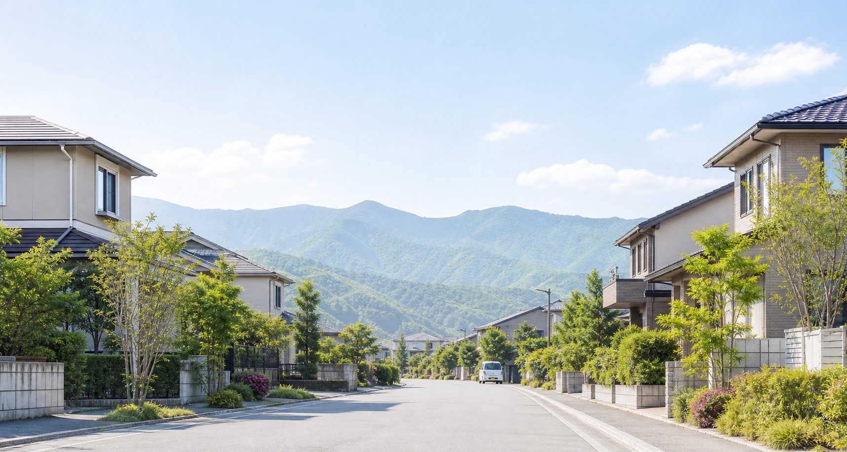 群馬県全域の対応エリアをイメージした住宅街と山並み